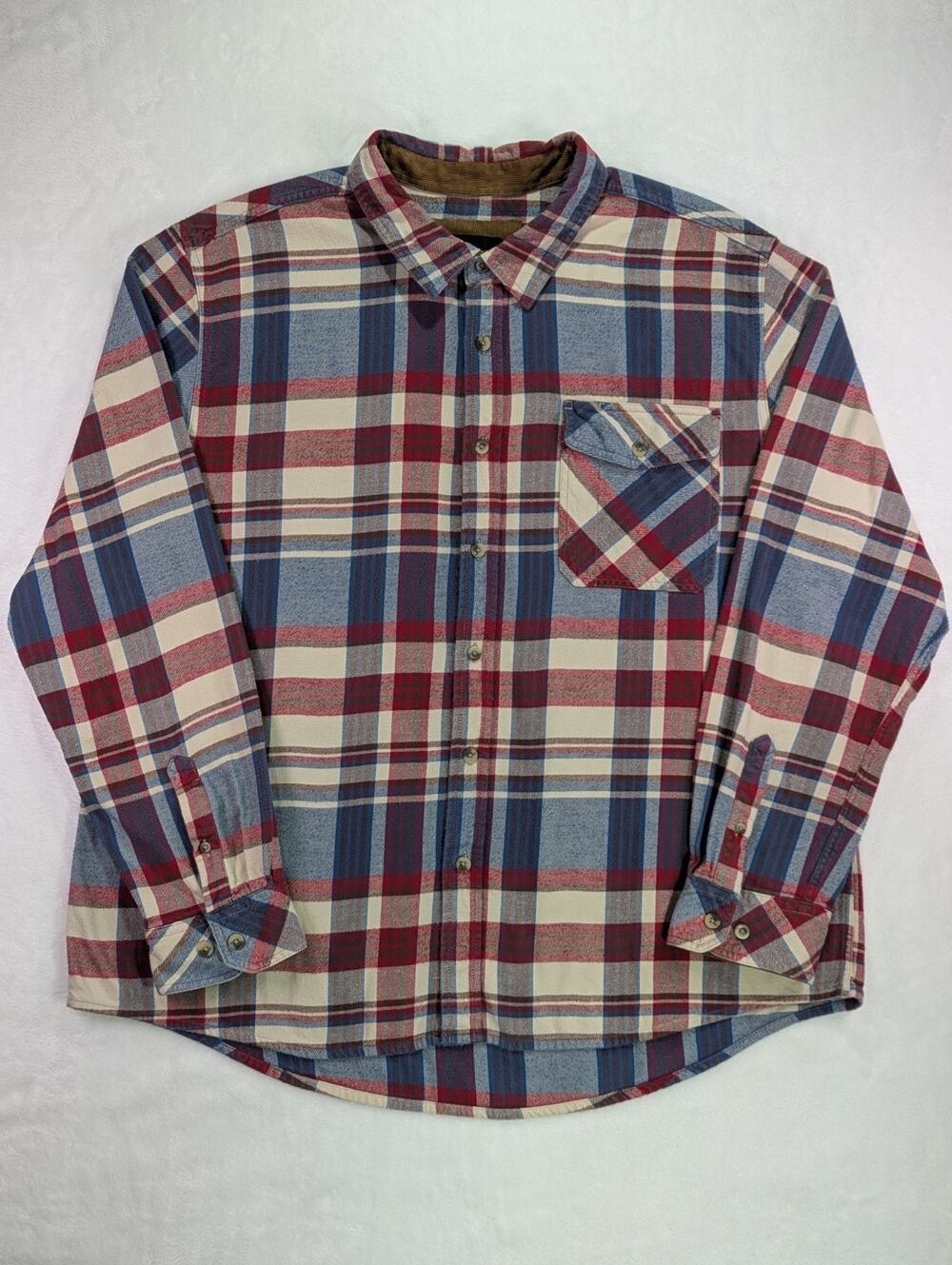 CQR Men 2XL Plaid Flannel Shirt Corduroy Cuff Cotton Heavyweight Red Blue